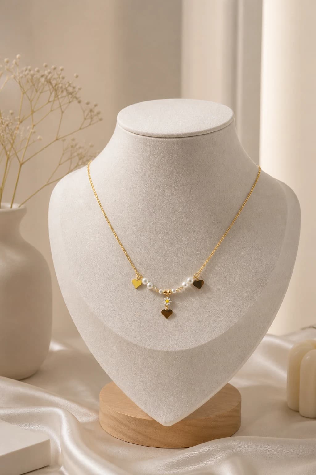 Gold Pearl Heart Daisy Necklace artificial necklaces by Swarna